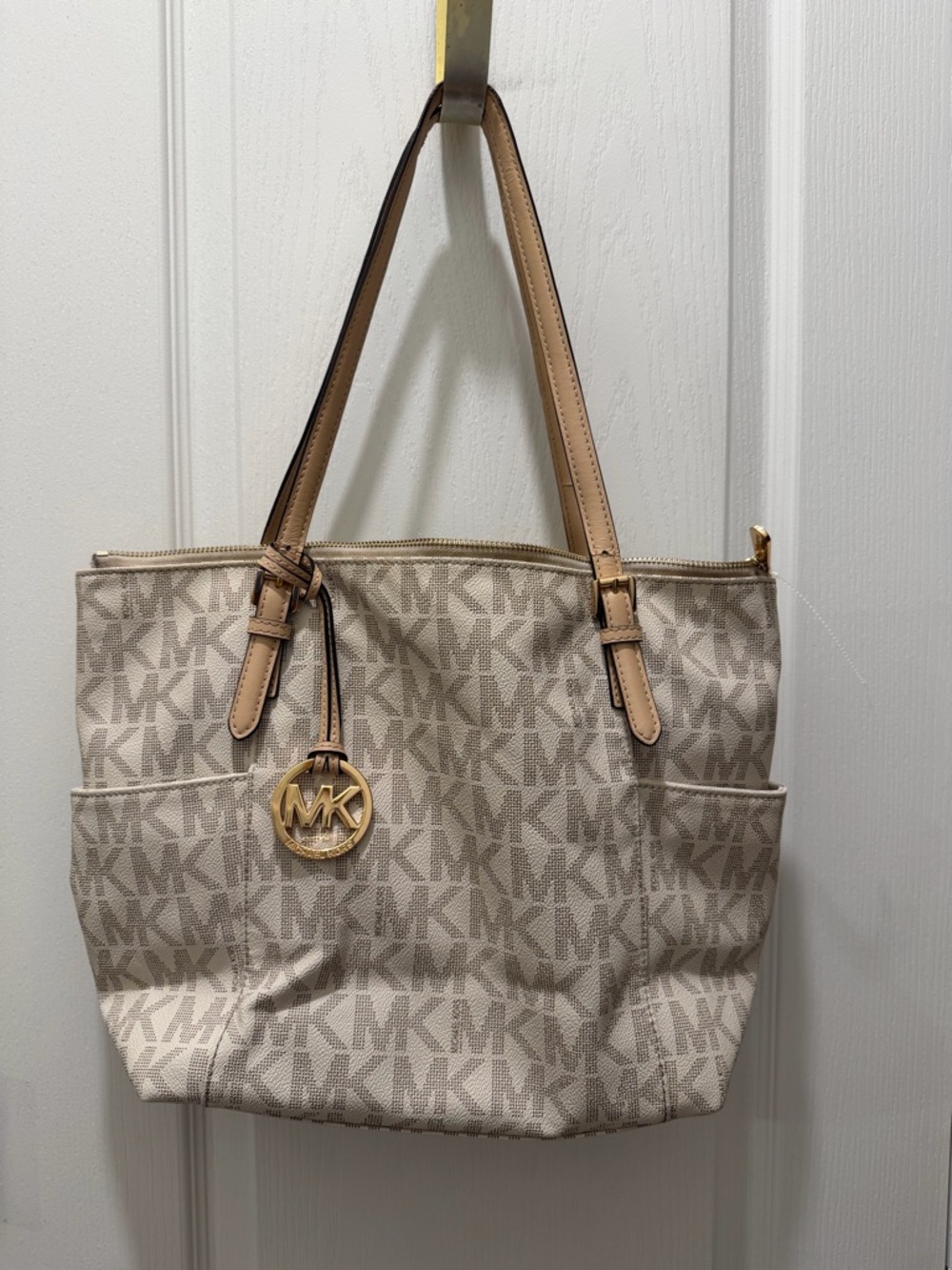 Michael Kors Beige Signature MK Tote with Gold Charm